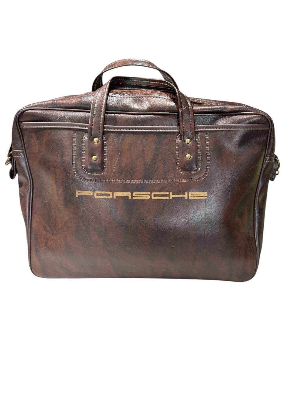 Vintage Porsche Brown Leather Gold Logo Brass Hardware Shoulder Briefcase